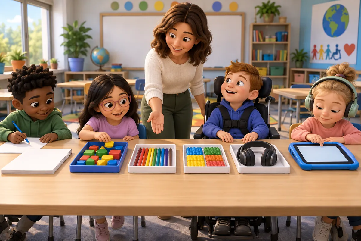 A teacher checks that every student can reach the same classroom materials.