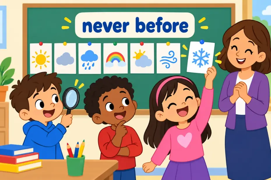 Cartoon pupils reveal a first-ever record card, illustrating unprecedented in a sentence as something never seen before.
