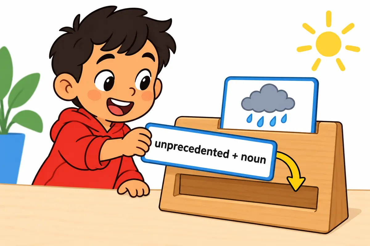 A cartoon child slides the word unprecedented into a slot in front of a noun card to show the attributive pattern.