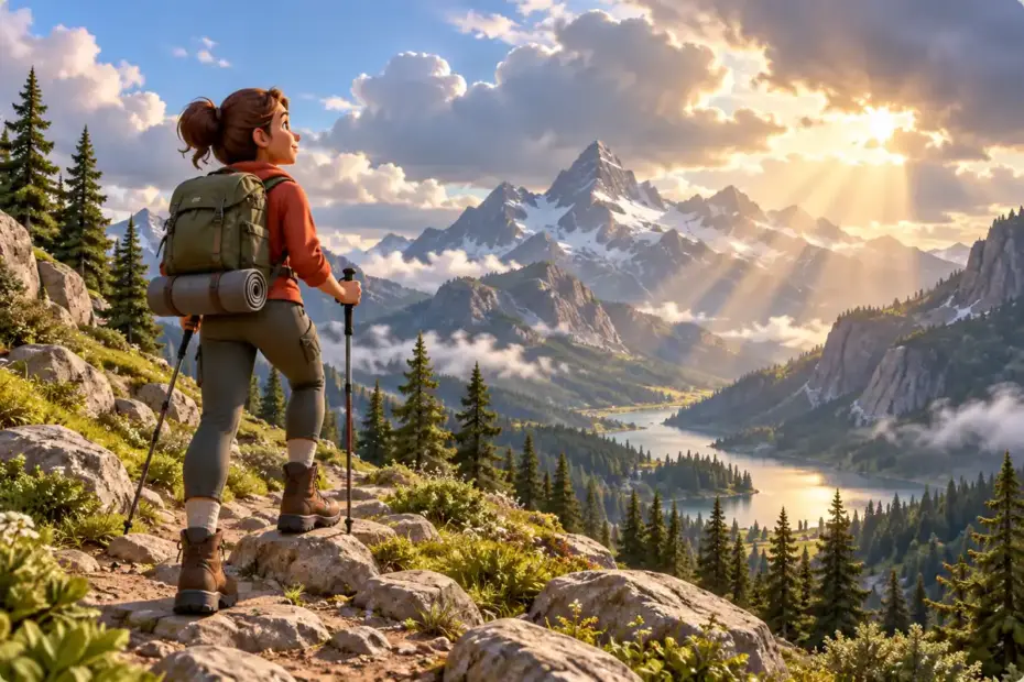 A hiker watches mixed clouds and sunlight above a mountain trail.