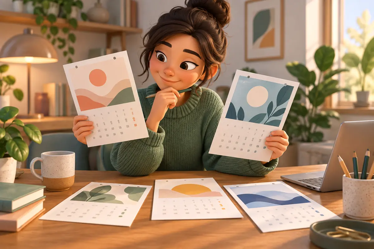 A person compares several abstract calendar pages on a desk.