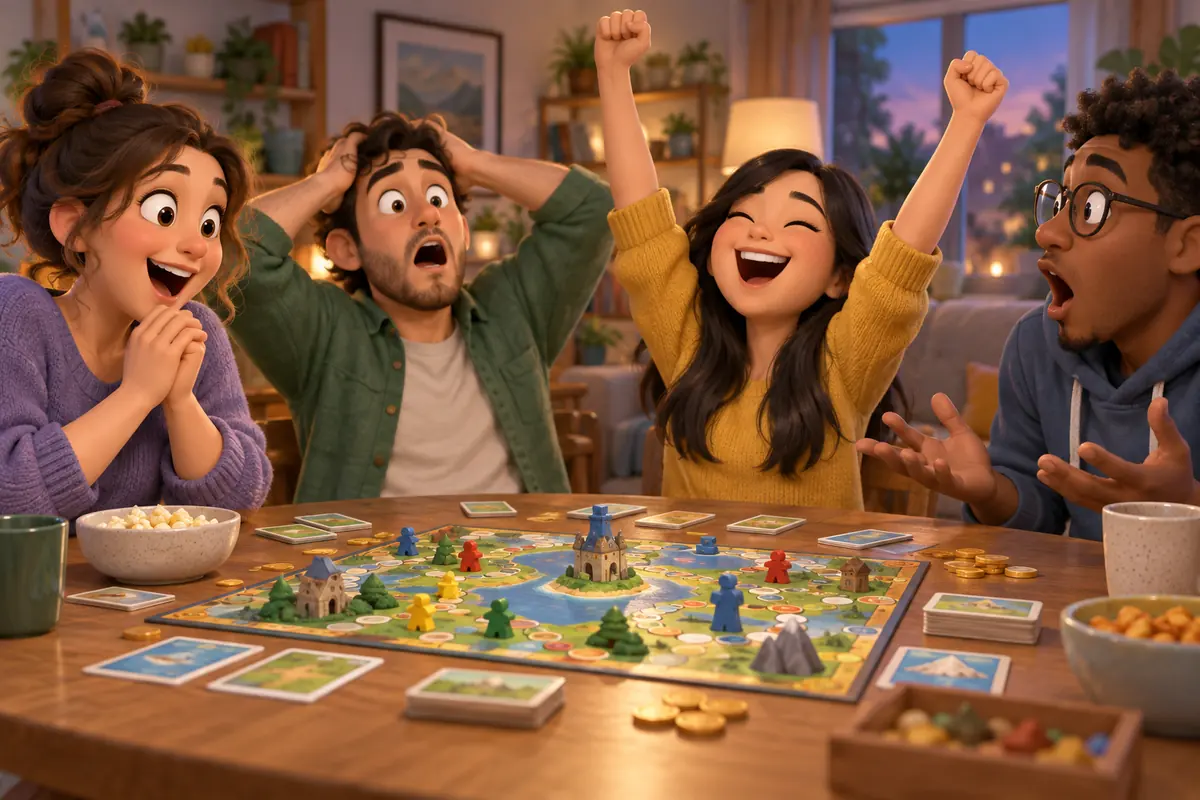 Friends react to a surprising board-game outcome at a table.