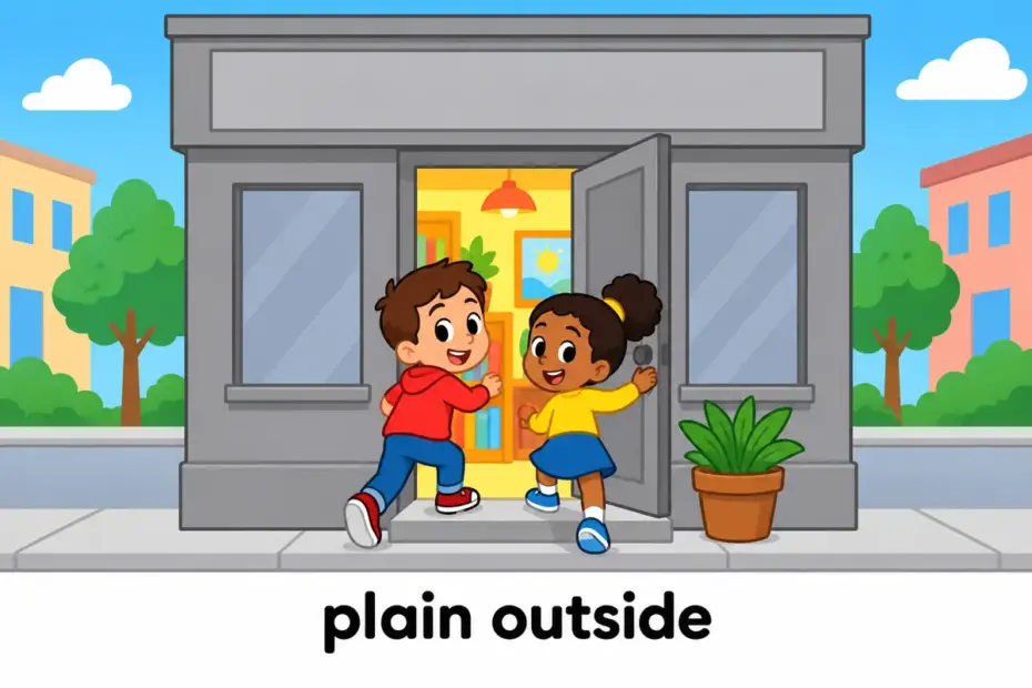 Cartoon children enter a plain grey shop that hides a bright room, showing unprepossessing in a sentence.