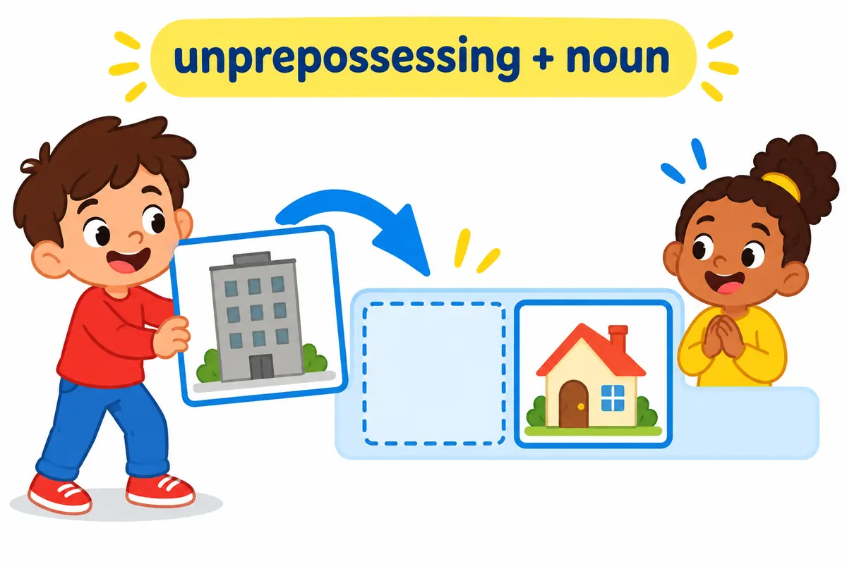Cartoon children look at a plain building that opens onto a bright room, showing unprepossessing before a noun.