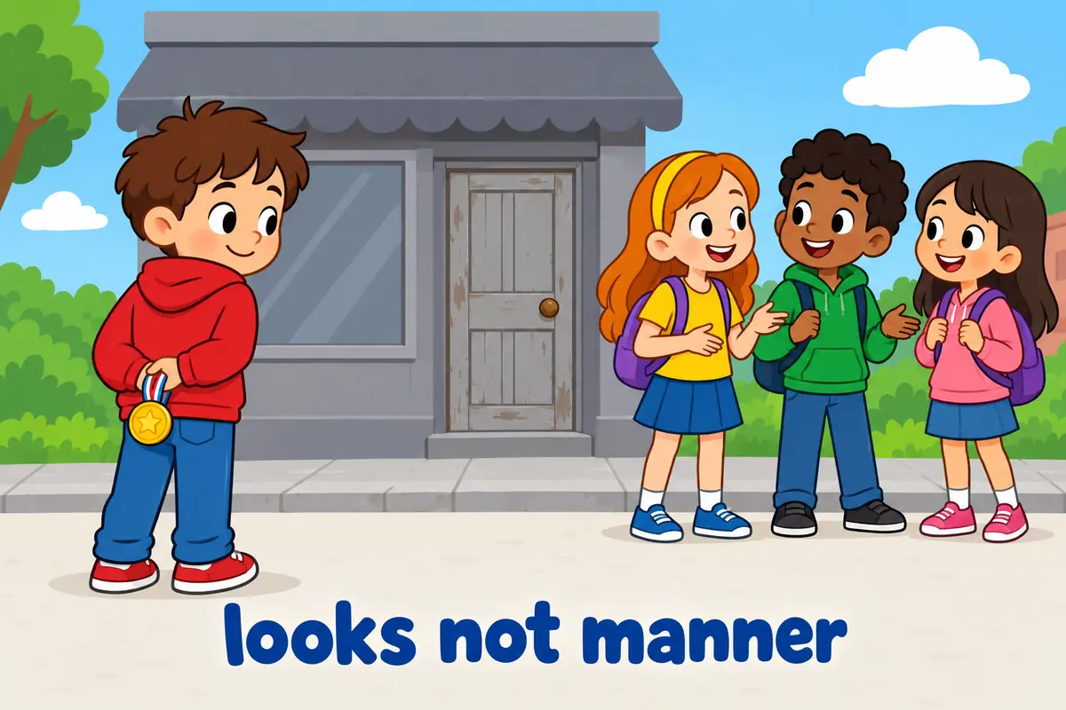 A single cartoon scene contrasts a plain-looking shop with a modestly smiling child holding a medal behind their back.