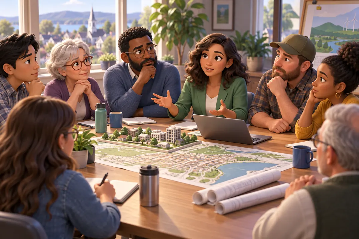 A community meeting discusses concerns around a large table.