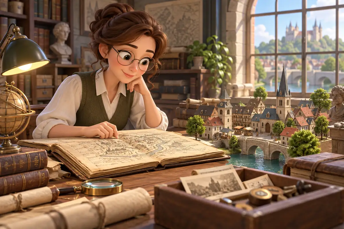 A historian studies an archive beside miniature town buildings.