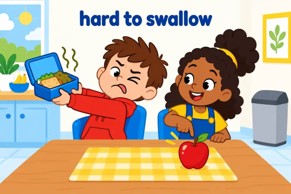 A cartoon child holds away a smelly lunchbox with a wrinkled nose, showing unsavory in a sentence as something unpleasant.