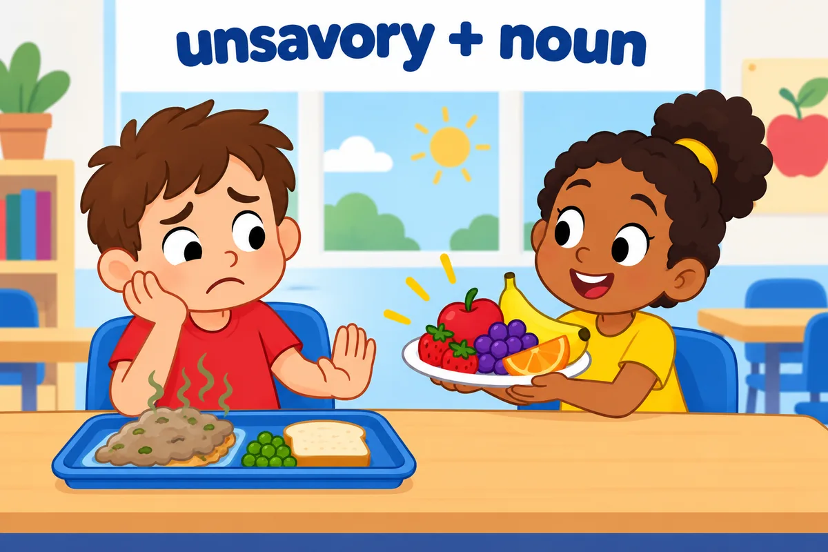 A child looks doubtful at an unappealing lunch beside a fresh fruit plate, showing unsavory before a noun.