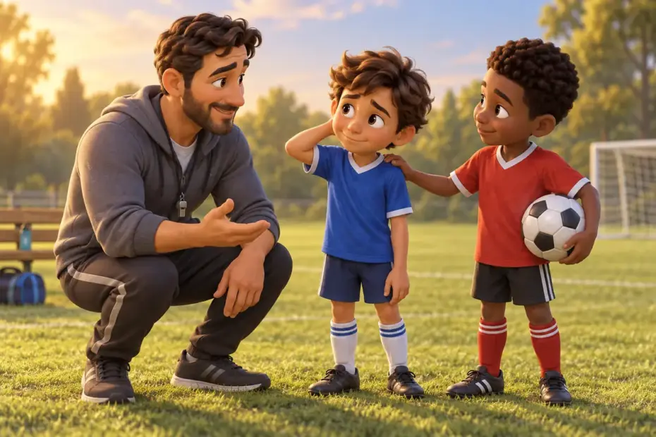 A coach discusses respectful behavior with players after a game.