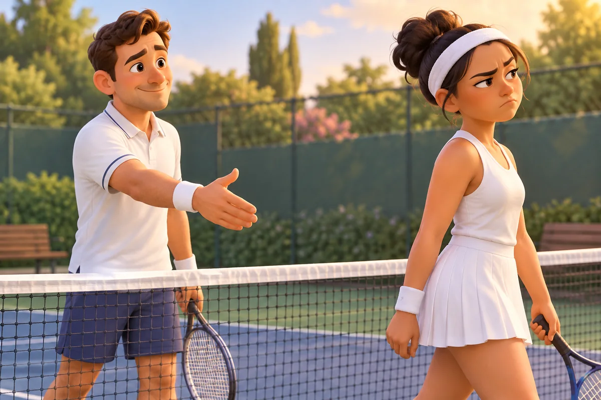 A tennis player turns away from an offered handshake.