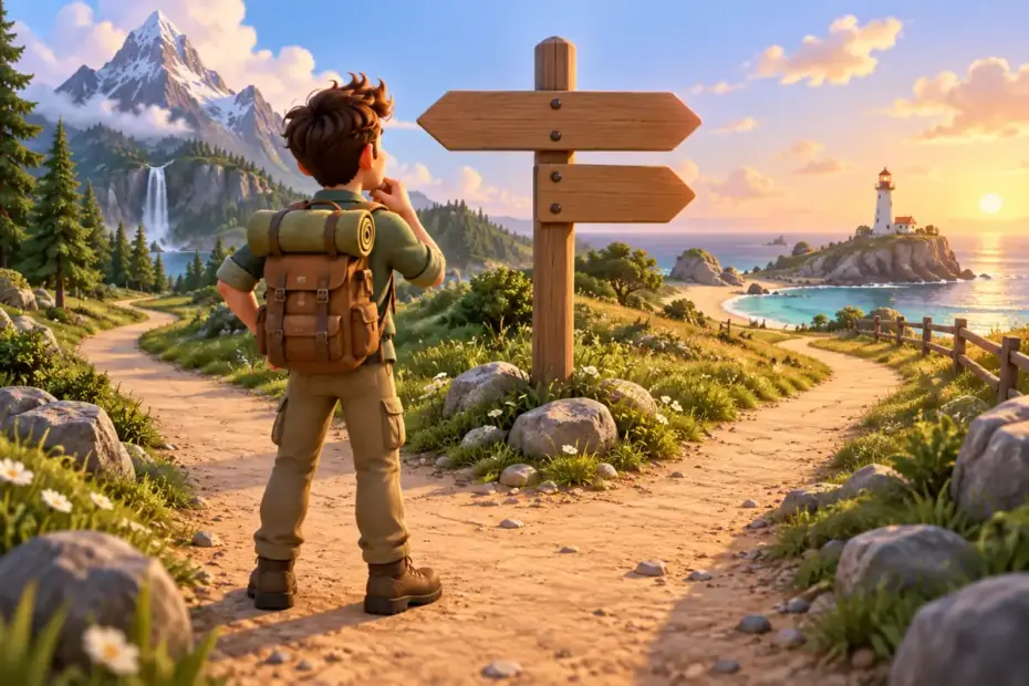A traveler looks between two branching paths beside a blank direction post.