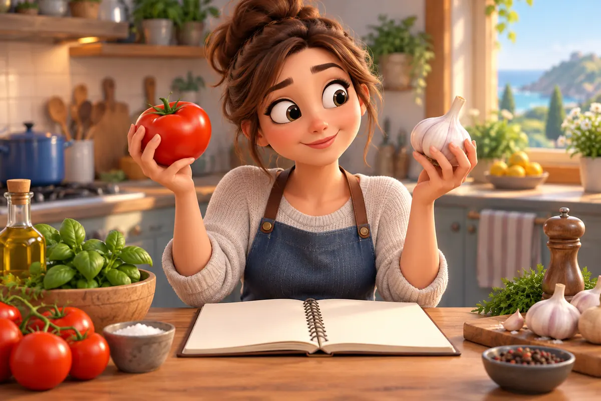 A cook compares two ingredients beside an open recipe notebook with blank pages.