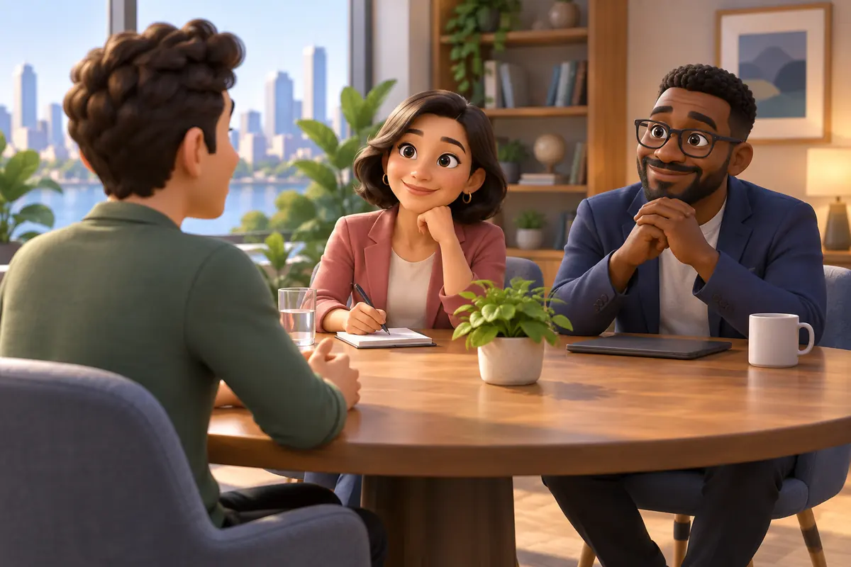 A person sits across from two interviewers at a round table.