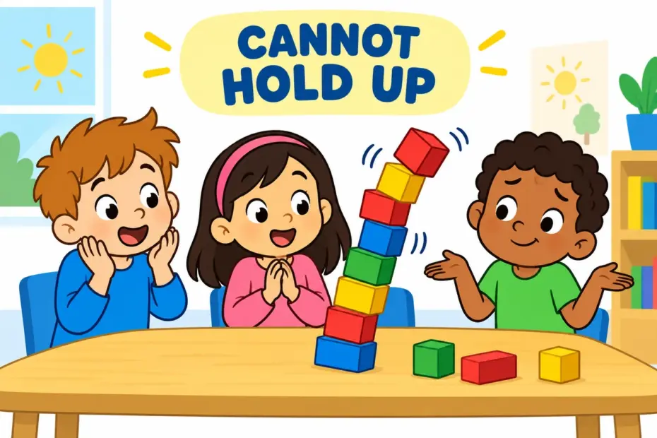 Cartoon children watch a wobbly tower of blocks begin to topple, showing untenable in a sentence as a position that cannot be defended.