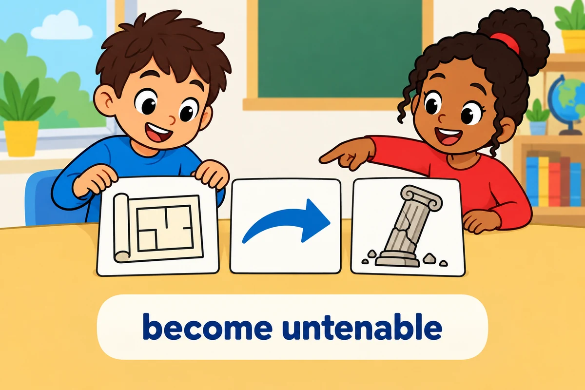 A cartoon child points along a plan card, arrow and cracked column, illustrating the pattern a plan becomes untenable.