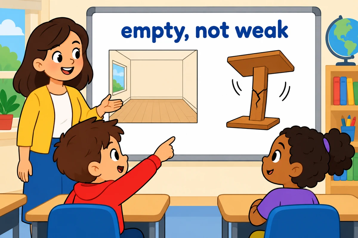 A teacher points to an empty-room picture beside a wobbly podium diagram, distinguishing untenanted from untenable.