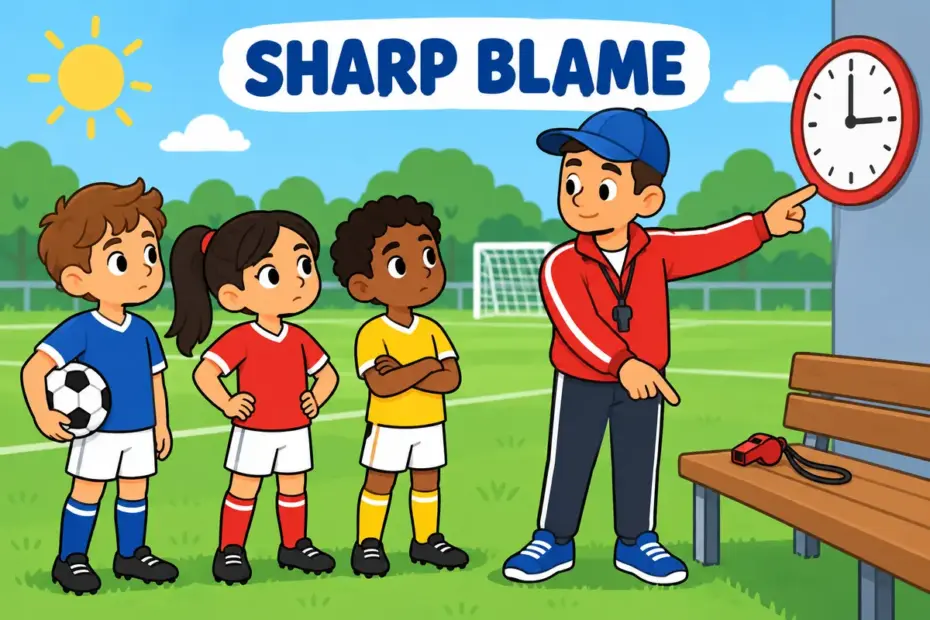 A cartoon coach points firmly at a clock while players listen, showing upbraid as sharp blame for a fault.