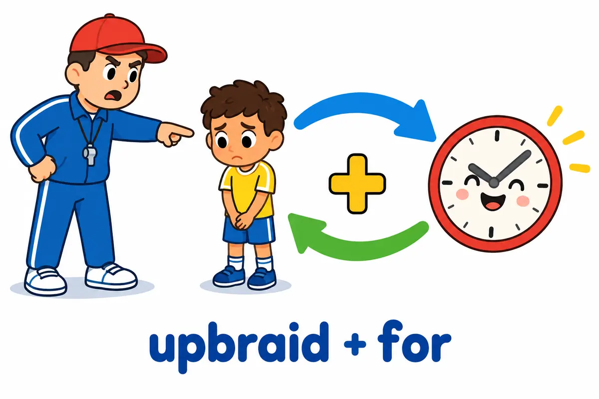 A cartoon coach points to a player and then to a clock, showing that upbraid names the person and adds for the fault.