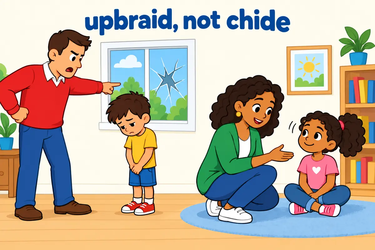 A single cartoon scene contrasts a stern adult pointing at a broken window with a kind adult kneeling to speak softly.