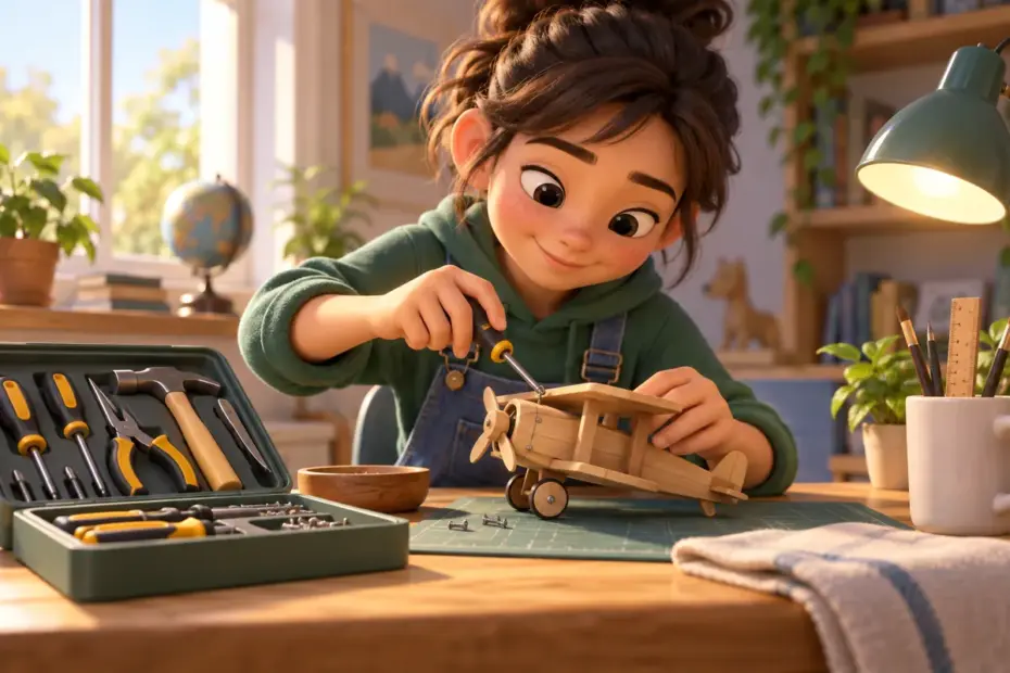 A student uses a well-organized toolkit to repair a small wooden model on a desk.