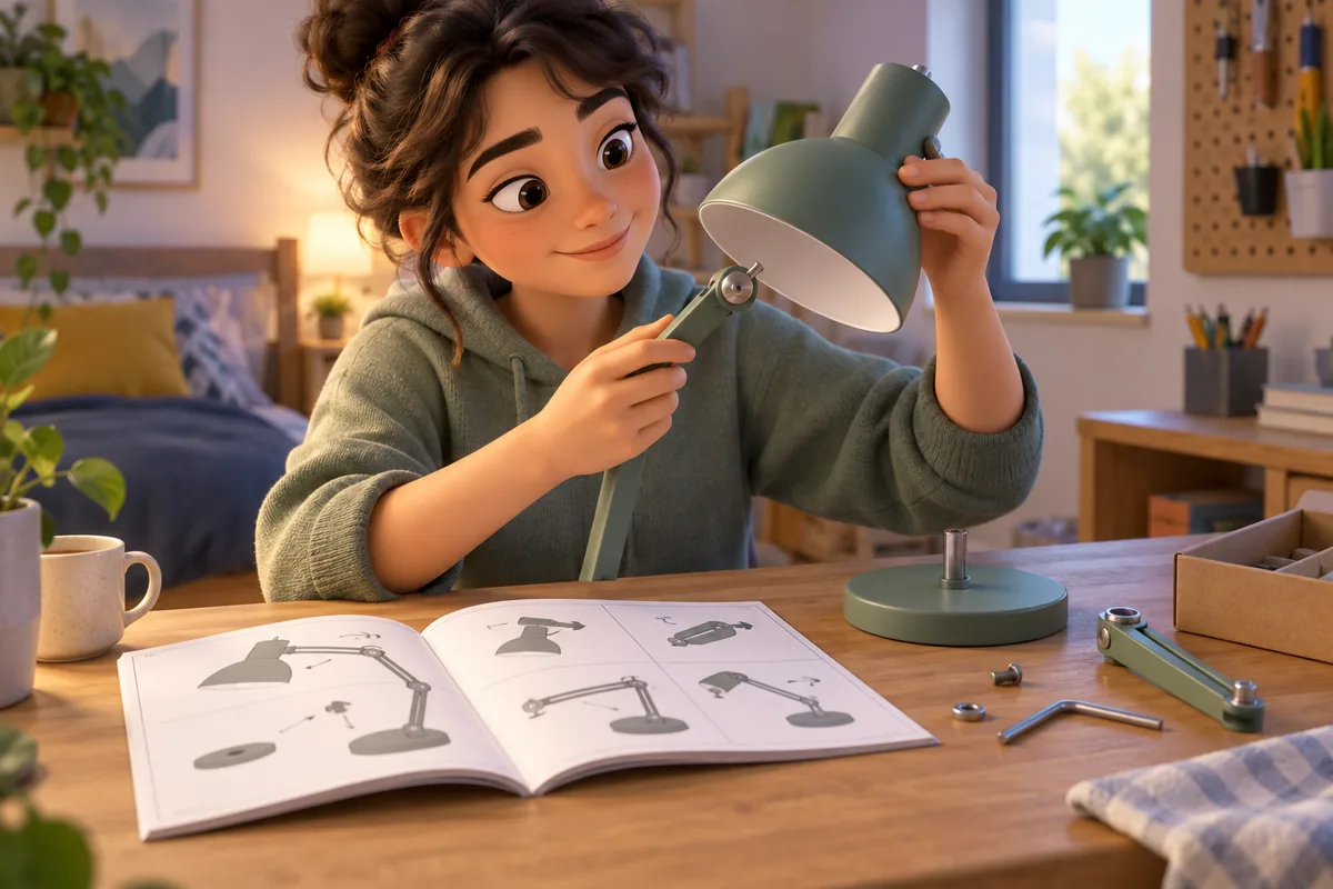 A learner checks a practical guide while following steps to assemble a desk lamp.