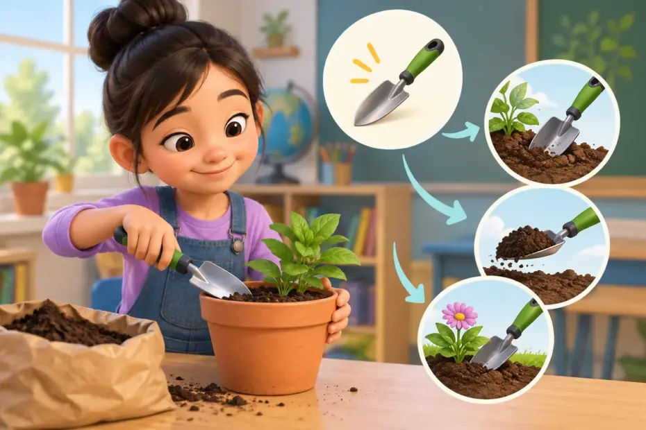 A student compares a gardening tool in action with a short list of its different purposes.