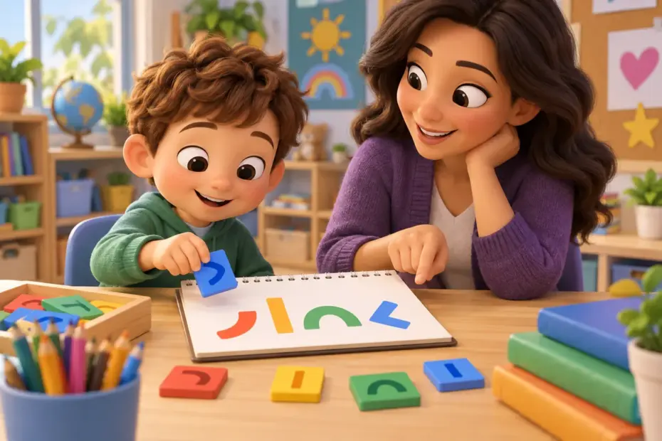 A child practices sight-word spelling with letter tiles and a sketchbook beside a teacher.