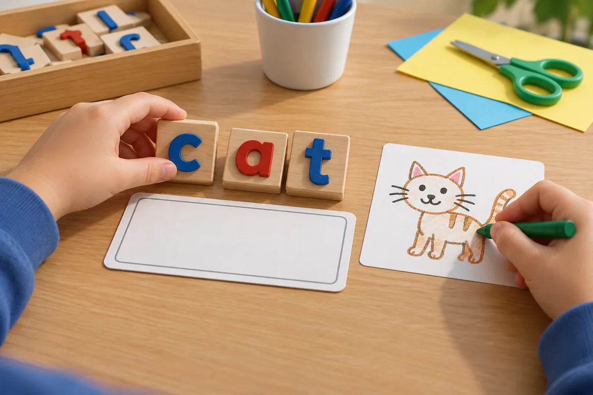 Tactile letter blocks and a simple drawing support a printed-word practice activity.