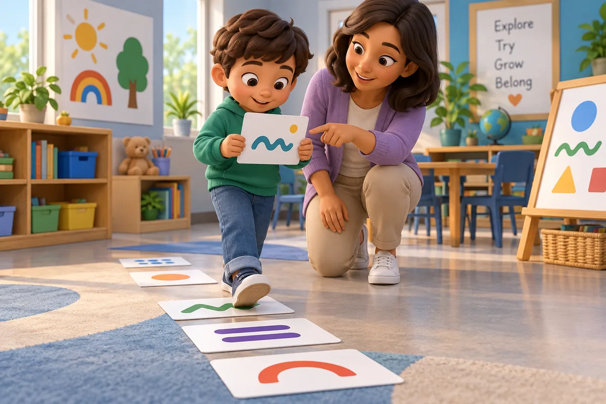 A child reads from floor letter cards during a guided movement activity.