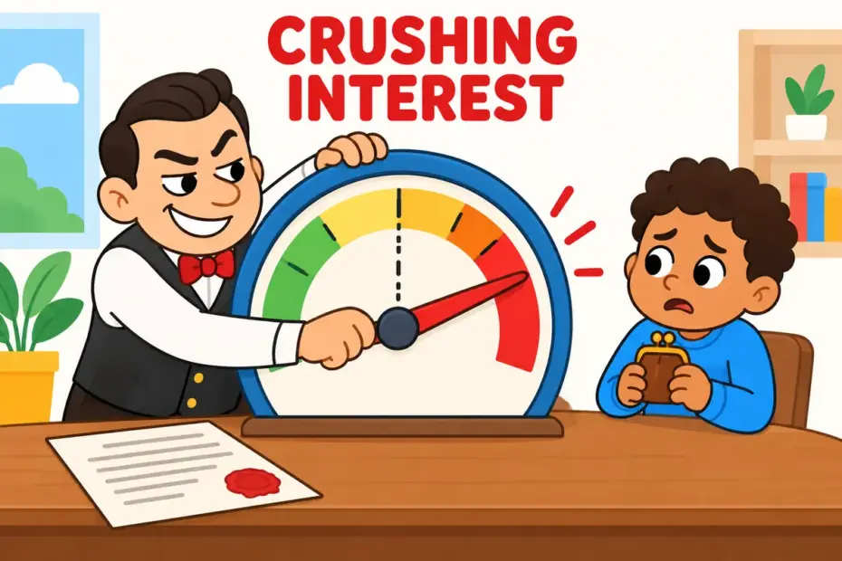 Cartoon lender pushes a giant interest meter far past a marked fair line, showing usury in a sentence as an excessive charge on a loan.
