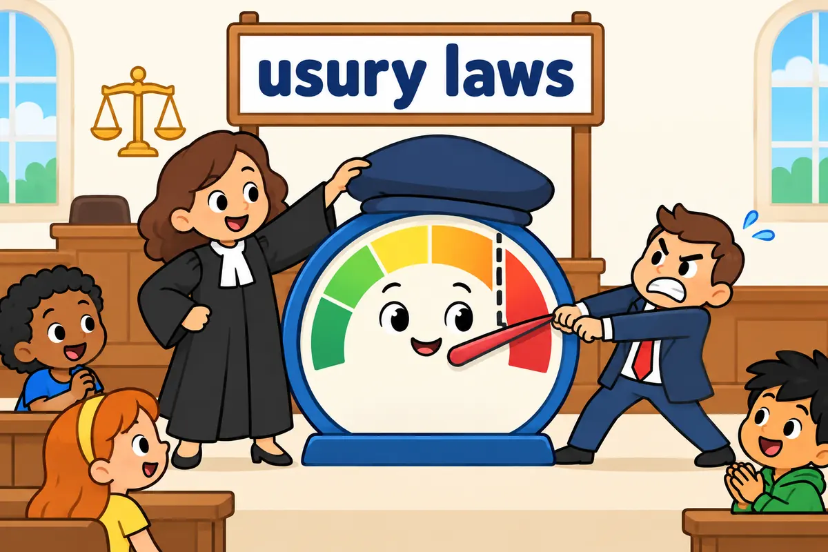 A cartoon sign reading usury laws caps a giant interest meter that a lender tries to push higher than the line.