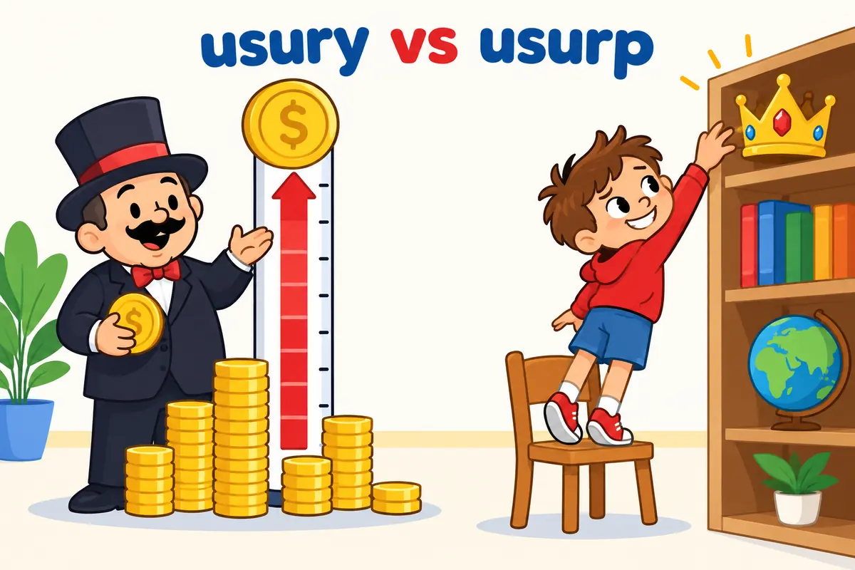 A scene contrasts a lender at a giant interest meter with a child pulling a crown from a shelf, showing usury against usurp.