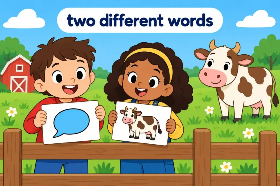 Cartoon pupils hold word cards contrasting utter vs udder as two different words on a farm sign.