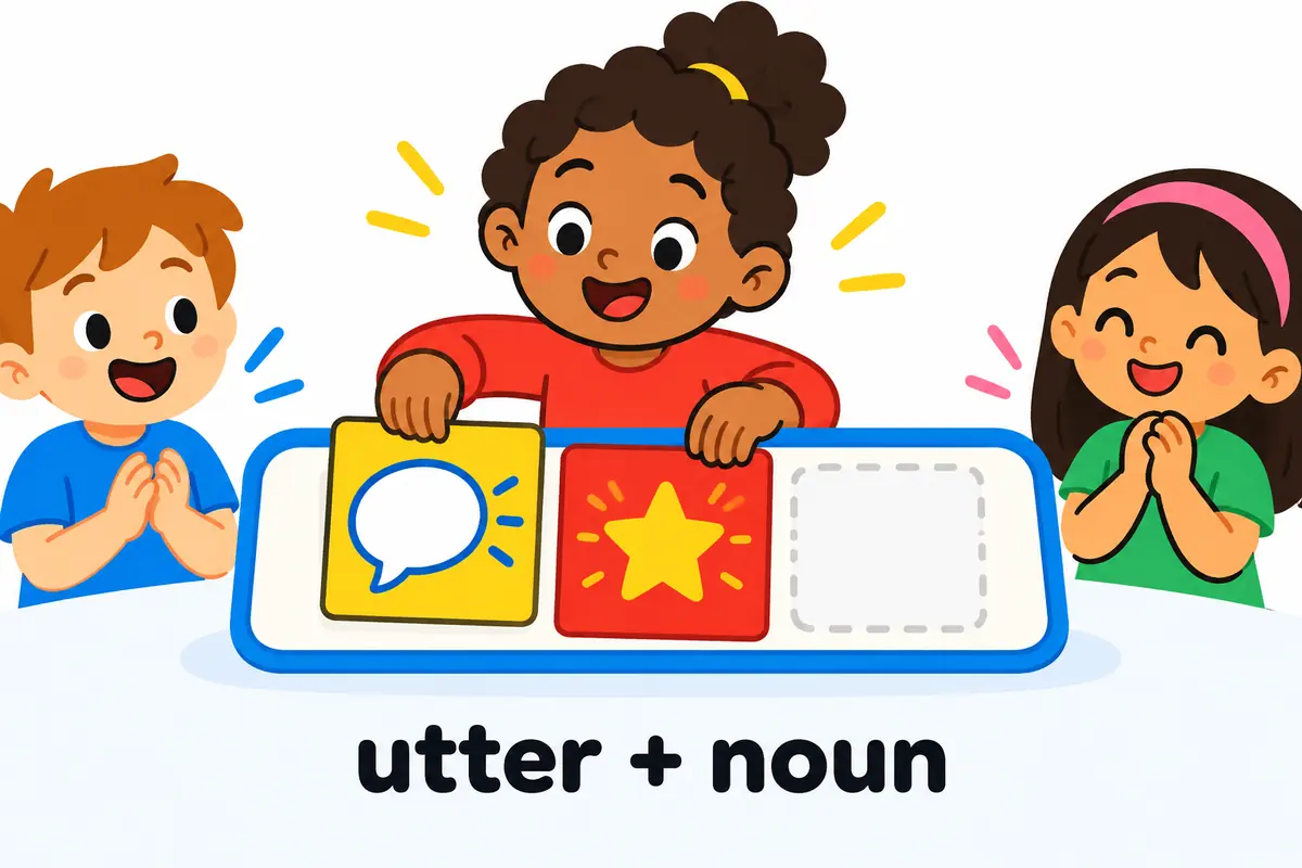 A cartoon card places an abstract noun after the adjective utter and an object after the verb utter.
