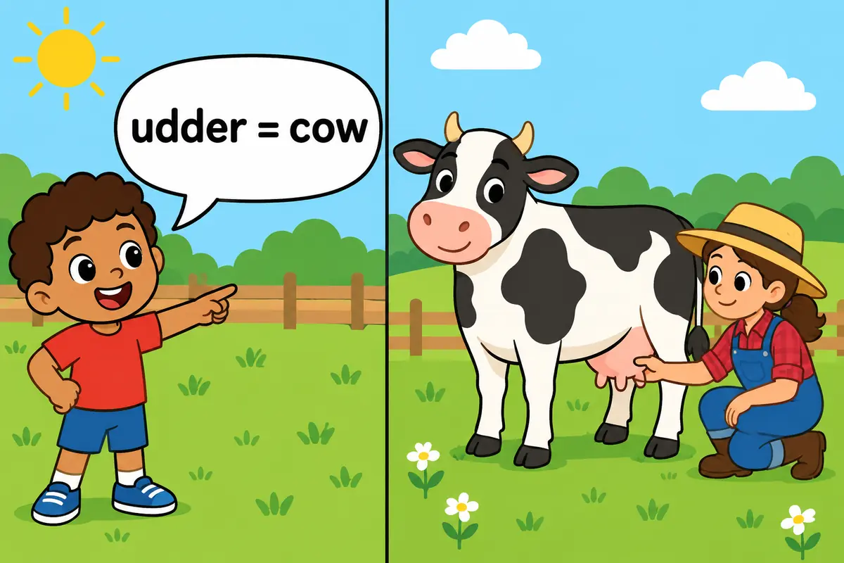 A cartoon split scene contrasts a confident speaker uttering a word with a gentle cow whose udder is being checked.