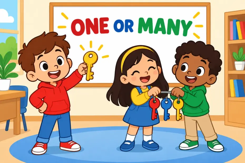 Cartoon children hold up one key and then three keys beside a job board, illustrating vacancy vs vacancies as a choice of number.