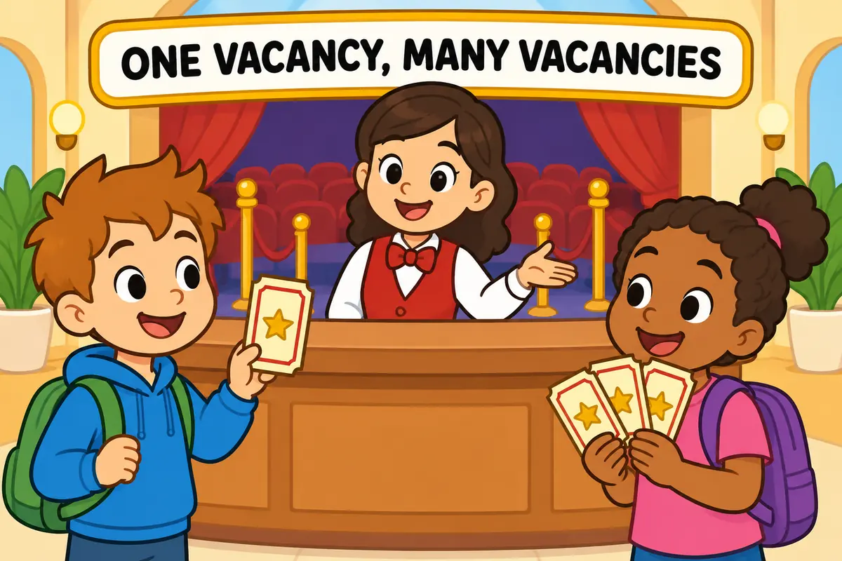 One unified cartoon scene illustrates Match the verb to the number: is for one, are for many.