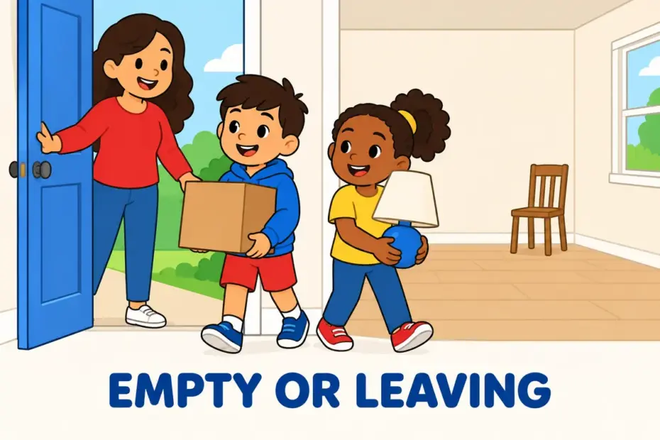 A cartoon family carries boxes out of a flat while the empty room behind them stands vacant, showing vacant vs vacate.