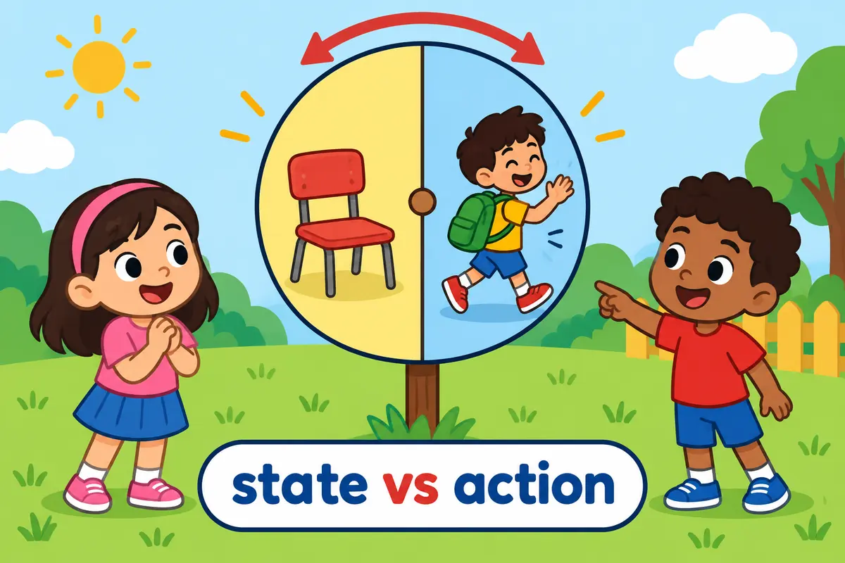 A cartoon sign board shows one side with a still empty chair and the other side with a person walking away.