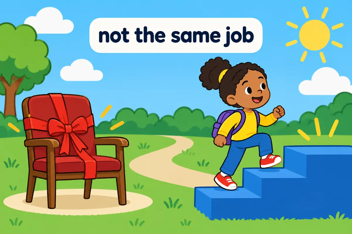 A single unified cartoon scene contrasts a wrapped-up empty chair beside a nameplate with a child stepping onto a new platform.