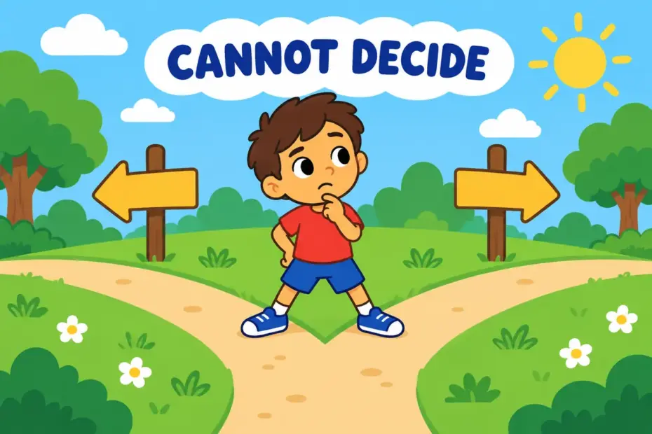 A cartoon child stands between two paths holding one foot over each, showing vacillate in a sentence as wavering between choices.