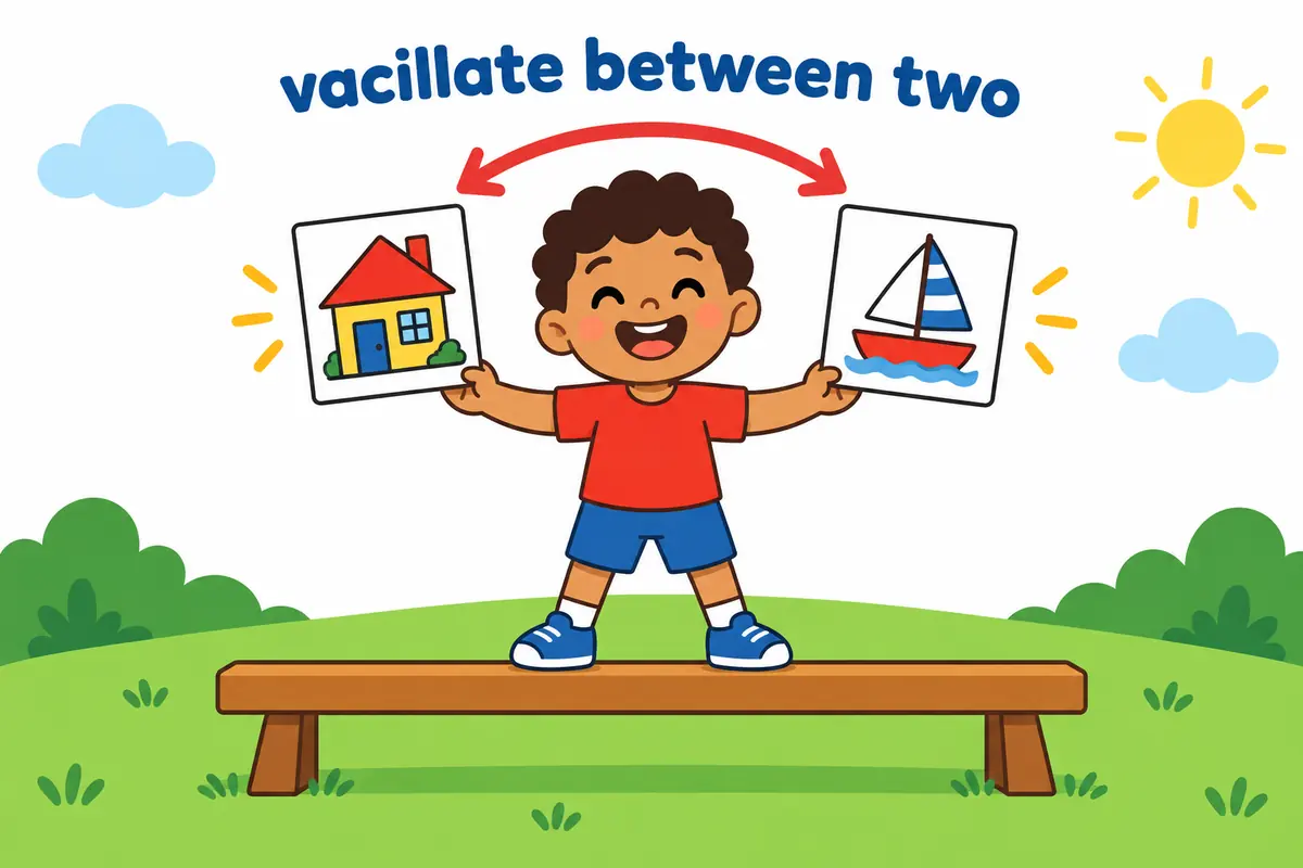 A cartoon child holds two picture cards apart on a balance beam, showing that vacillate names both options.