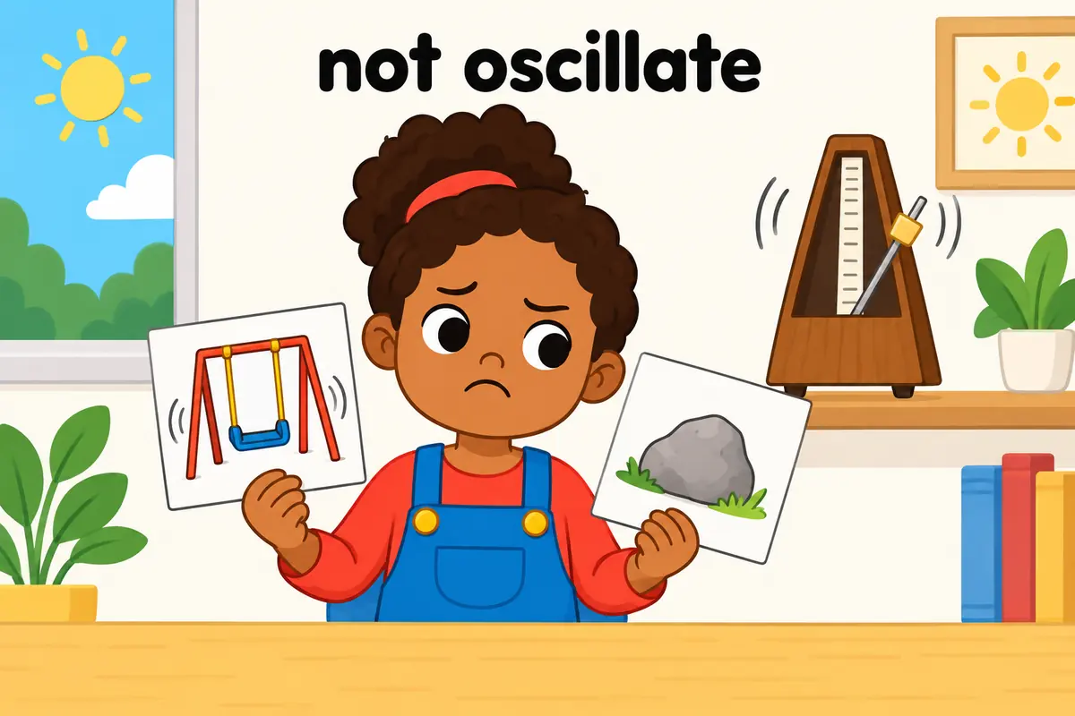 A single cartoon scene contrasts a child torn between two cards with a metronome swinging evenly on a shelf.