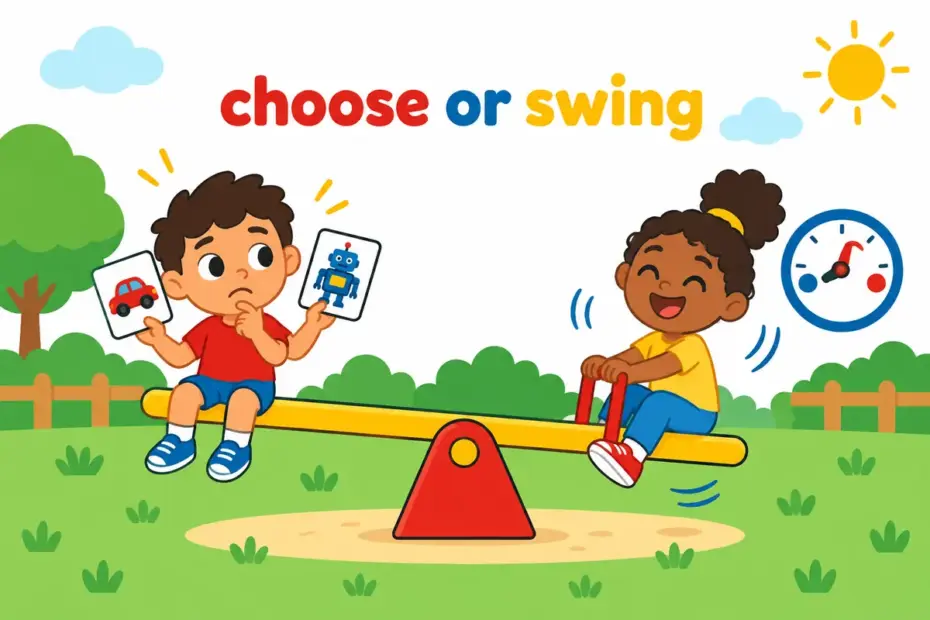 Cartoon children on a seesaw illustrate vacillate vs oscillate in a sentence: one cannot choose, the other swings between states.