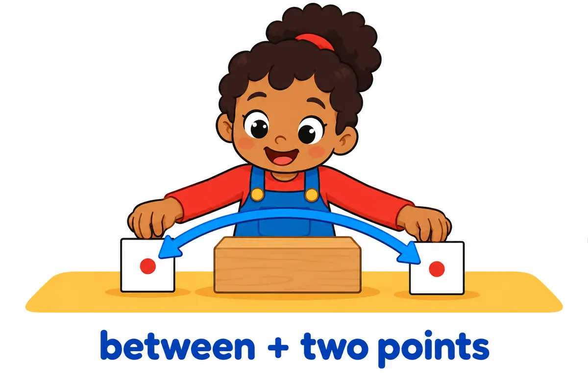 A cartoon child places two small cards marked with simple dots on either side of a wooden word block, connected by an arrow.