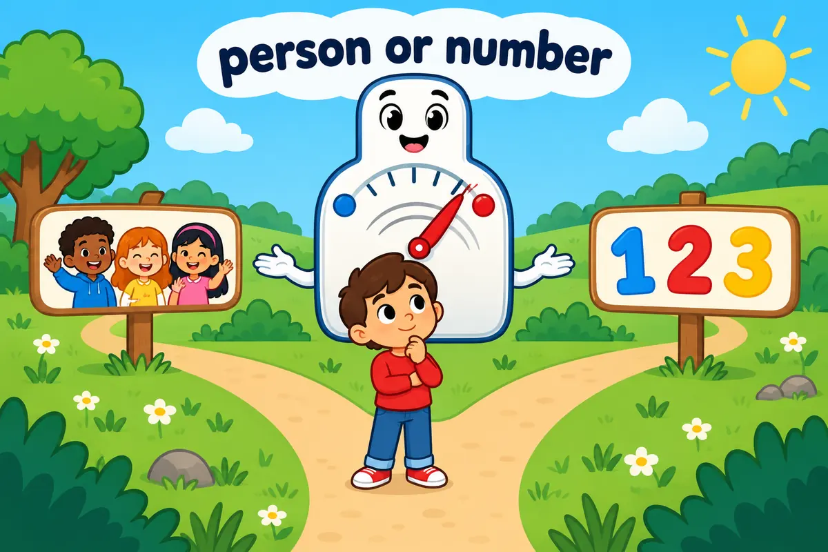 A single cartoon scene shows a thoughtful child choosing between two paths beside a thermometer needle swinging between two marks.