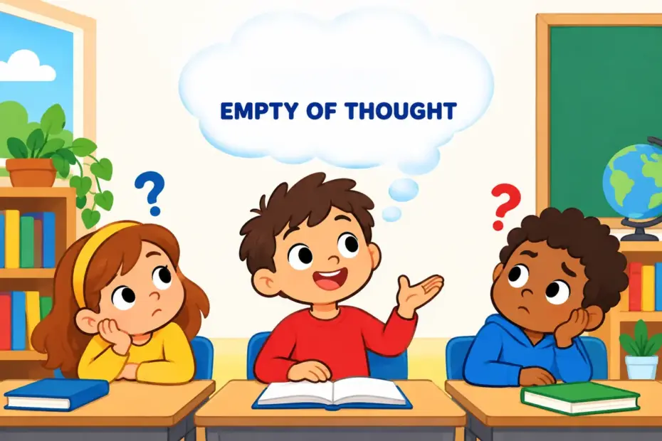 Cartoon children watch a speaker whose empty speech bubble floats away, showing vacuous in a sentence as blank.
