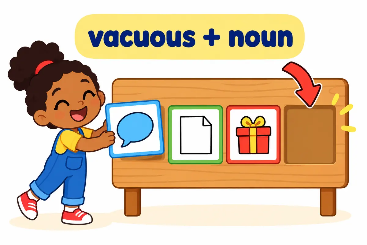 A cartoon child slides picture cards into a gap before the noun slot on a classroom board.