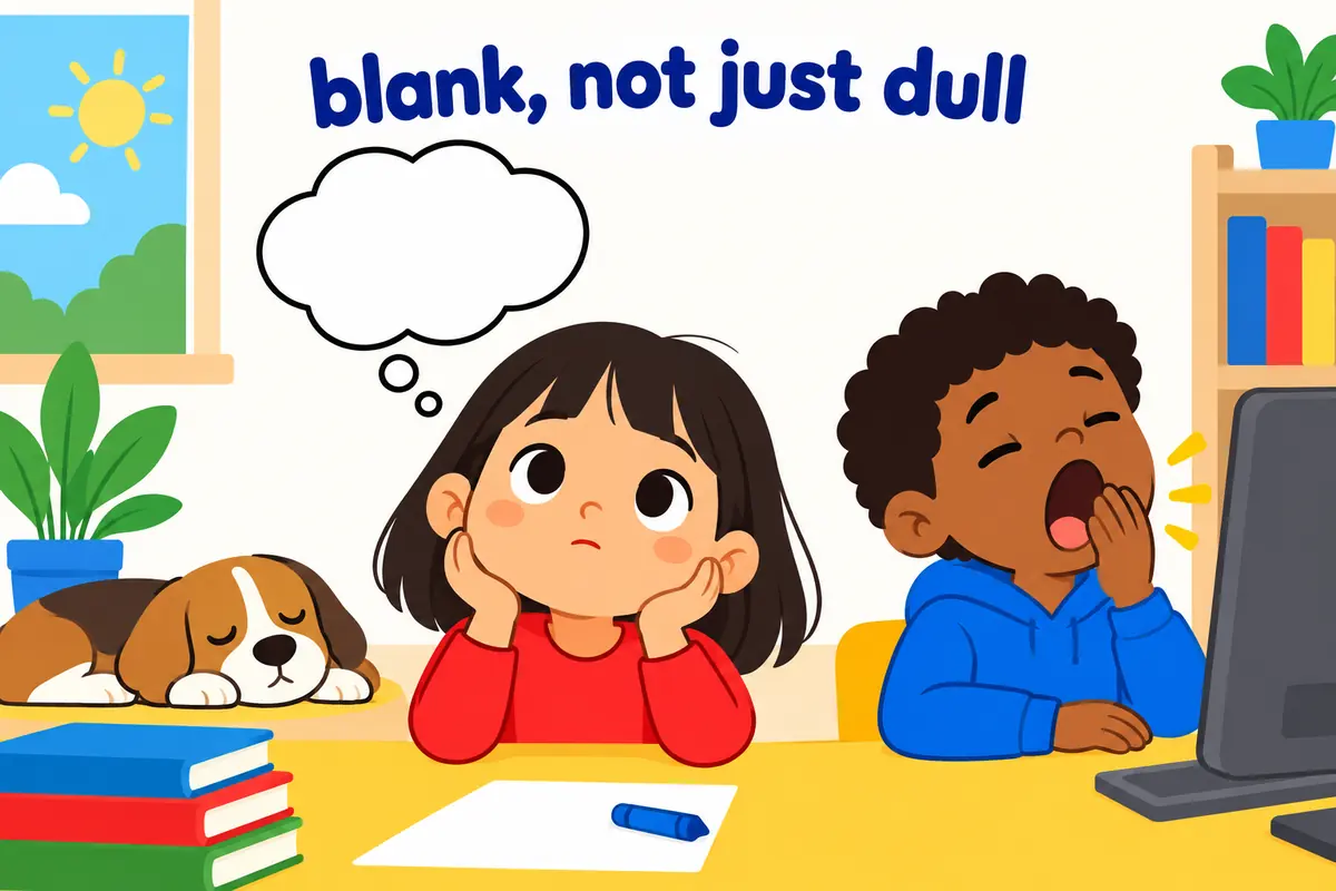 A cartoon single continuous scene contrasts a blank-faced child with a yawning child watching a dull screen.